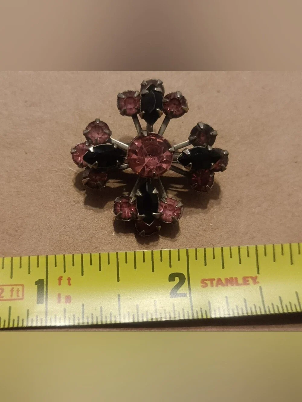 Vintage-Inspired Pink and Black Crystal Floral Brooch